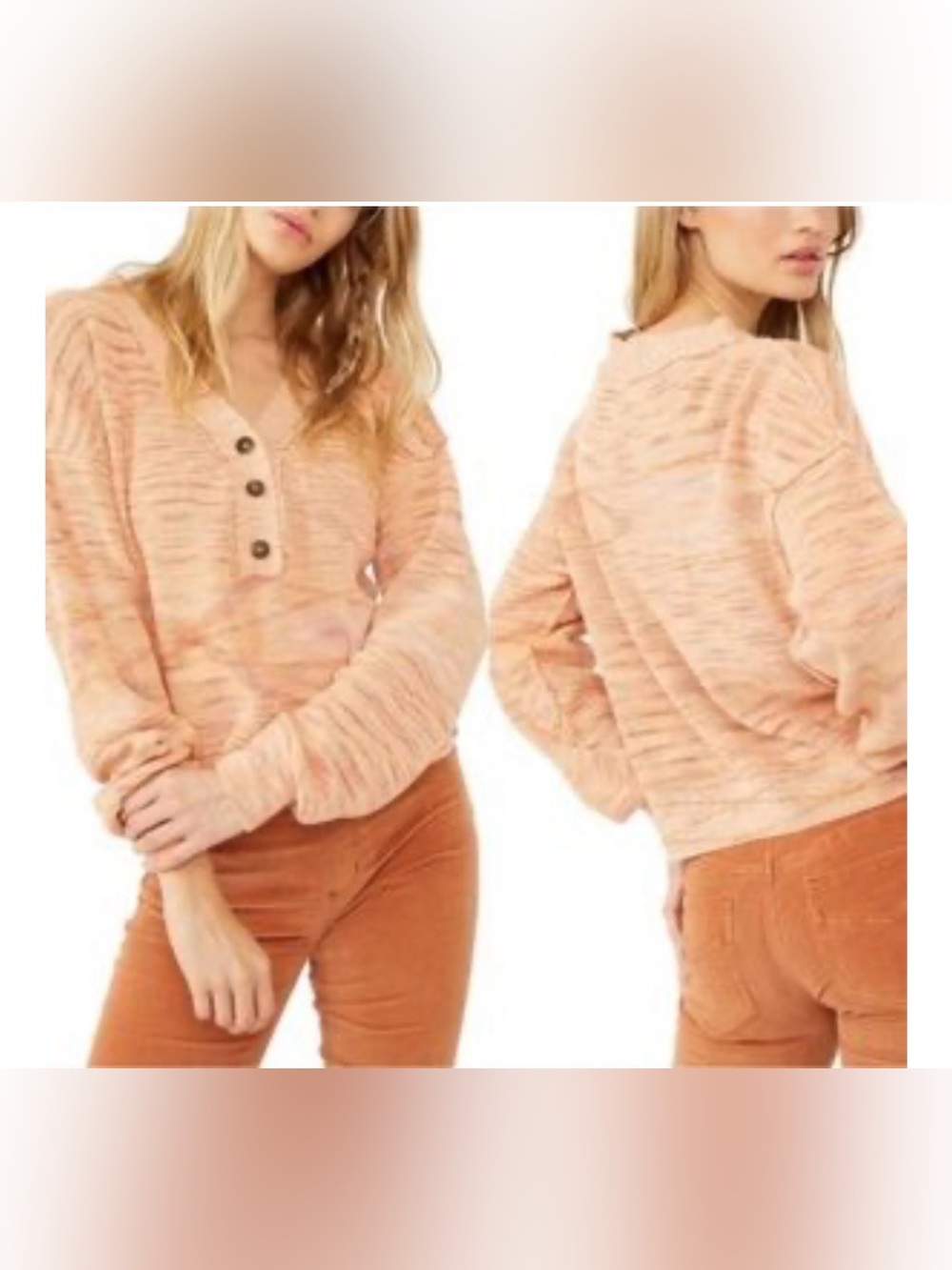 Free people mercury Marled Henley Sweater - boxy oversized buttons orange pumkin